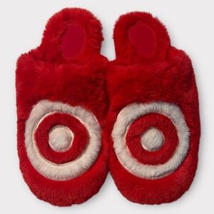 NWT Viral Red Faux Fur Bullseye Slippers Scuffs L 9/10 Target Wondershop